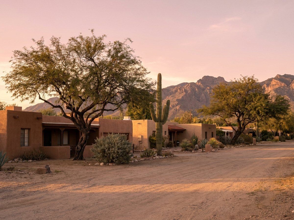 Tucson neighborhood street with a saguaro at sunset
