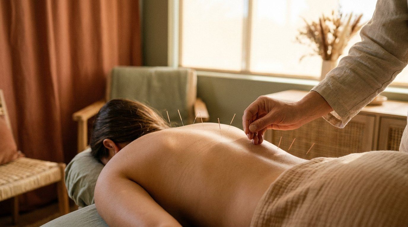 Acupuncture needles on a client's back