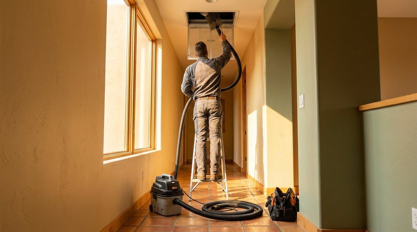 Technician cleaning an air duct vent