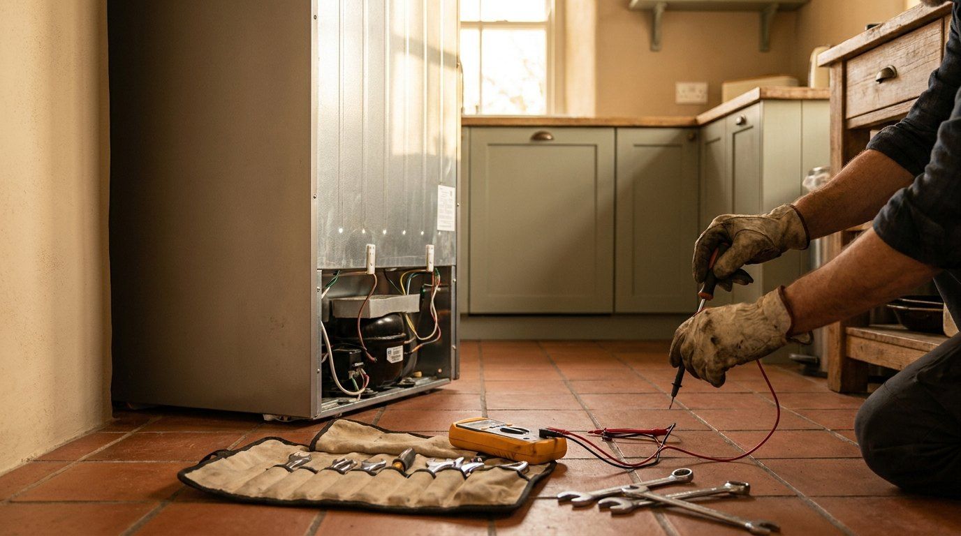 Technician repairing a refrigerator