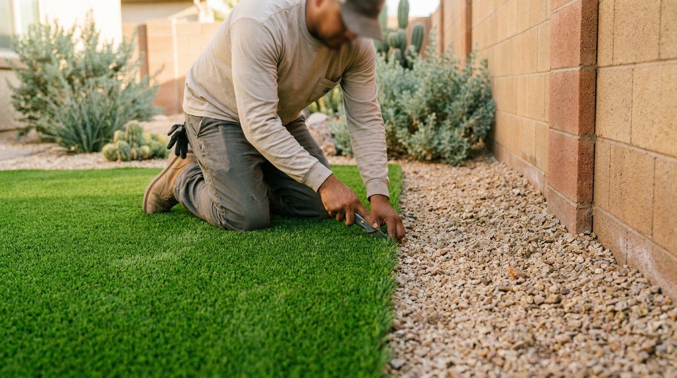 Installer rolling out artificial grass in a backyard