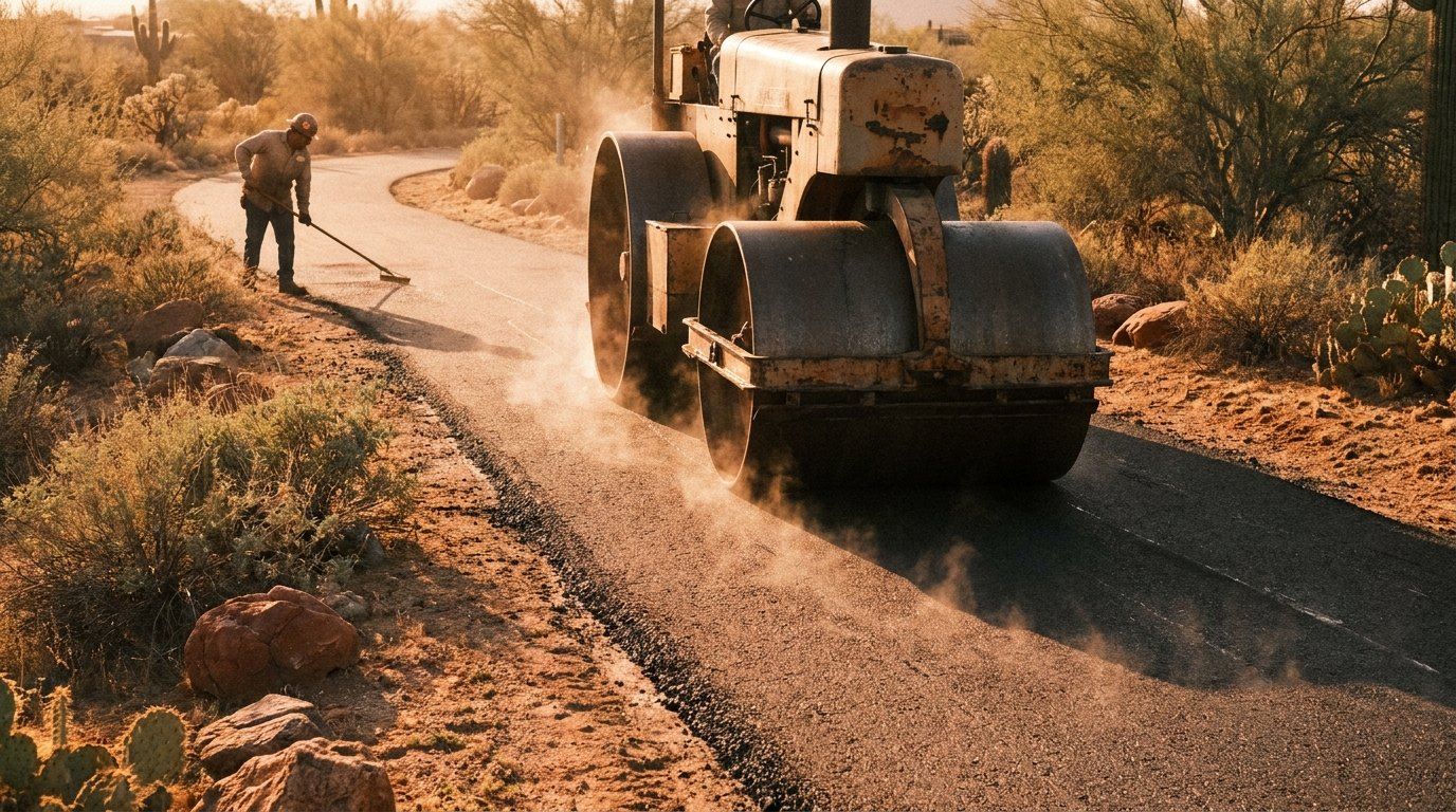Fresh asphalt being rolled on a driveway
