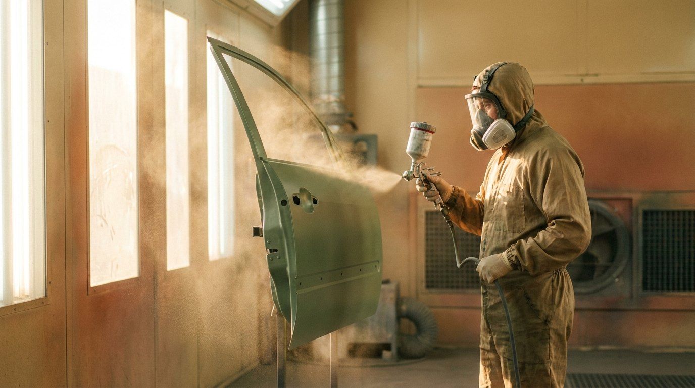 Auto body technician painting a car panel