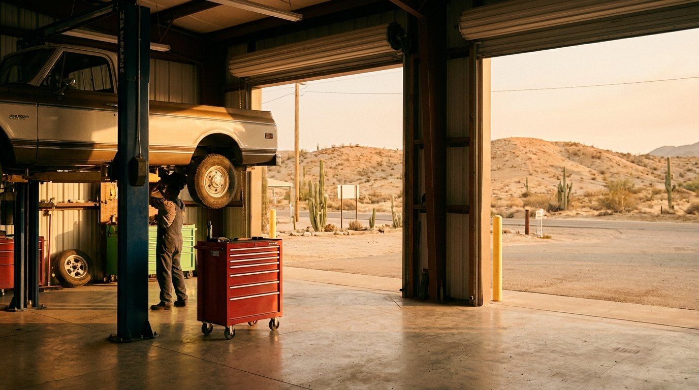 Mechanic working under a car on a lift