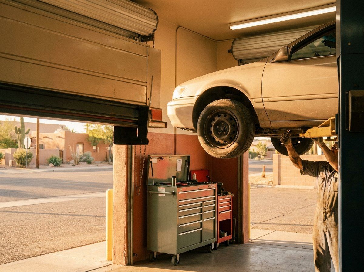 Mechanic working under a car on a lift in an auto repair shop