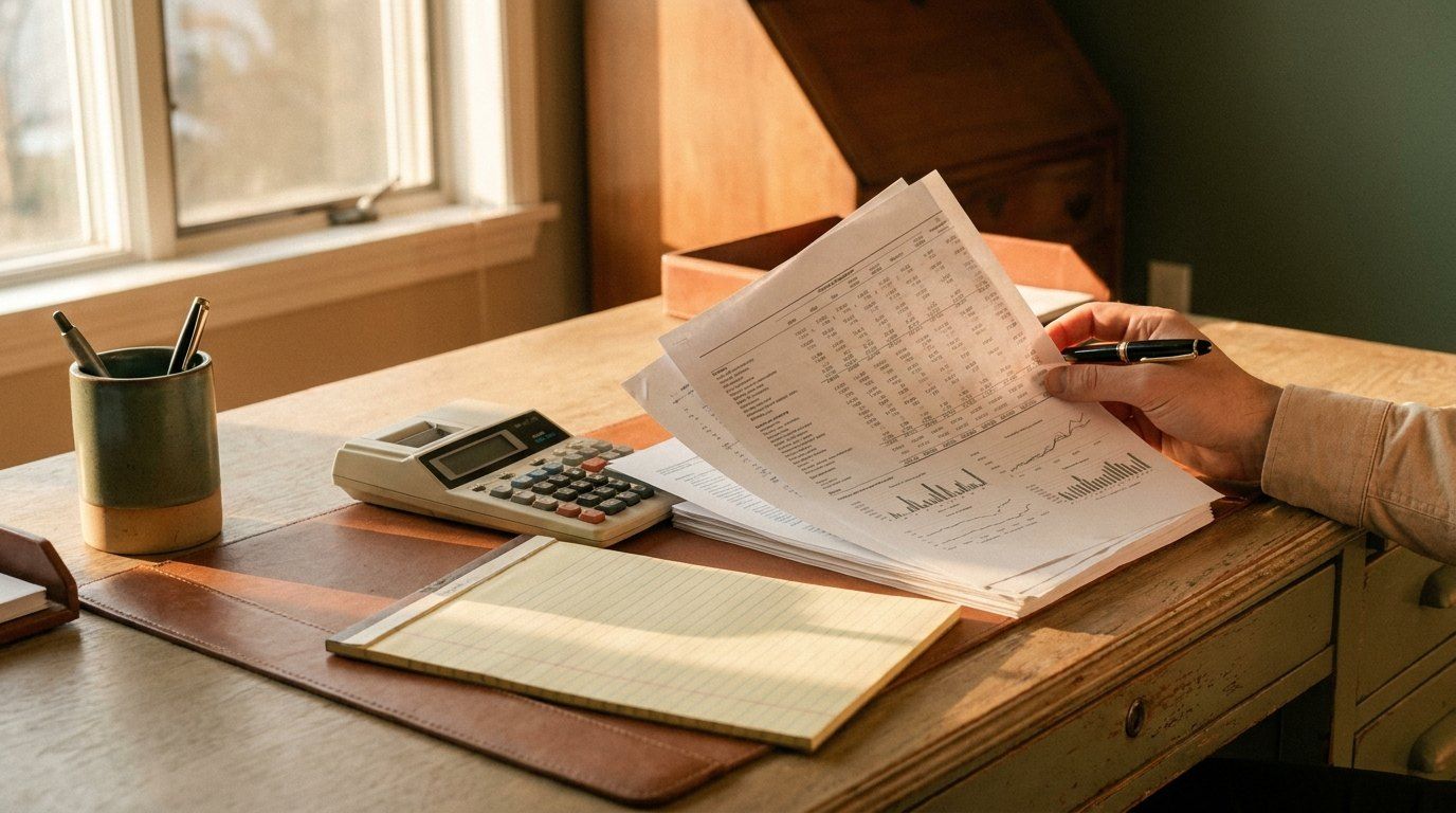 Financial documents and calculator on a desk