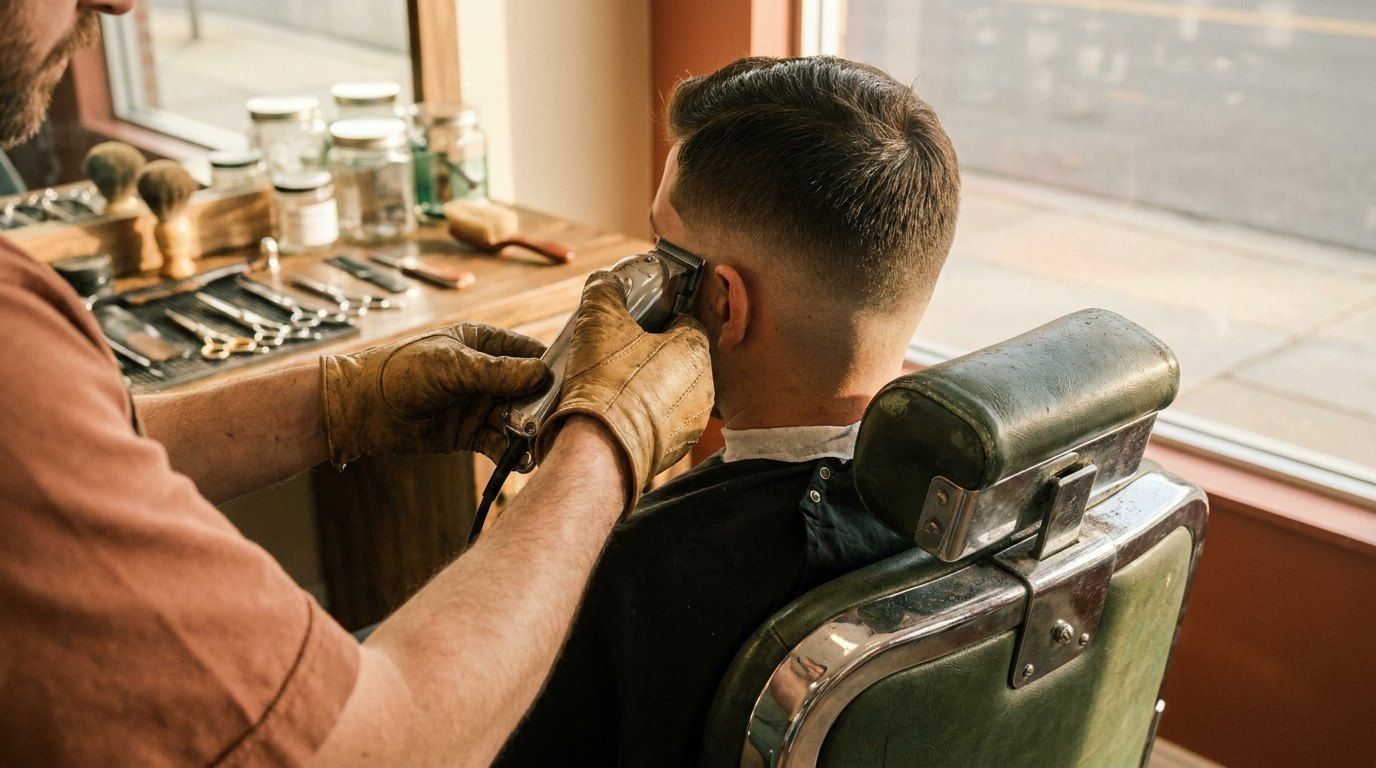 Barber giving a fade haircut