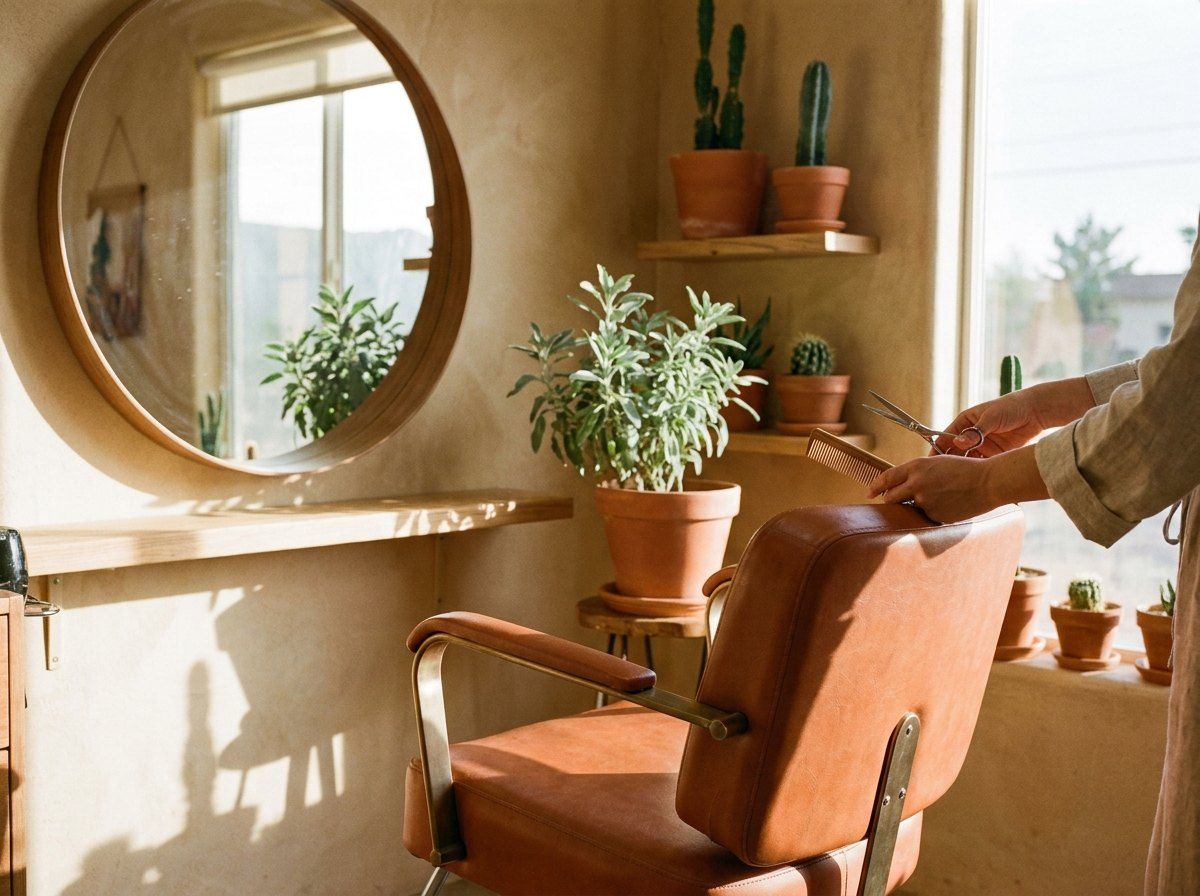 Hair salon chair and mirror in warm natural light