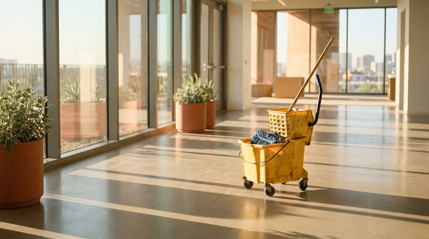 Cleaner mopping a bright office floor