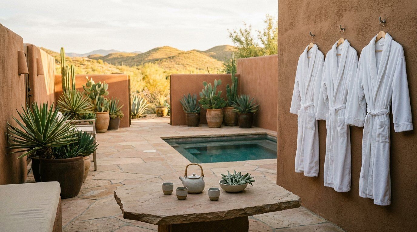 Spa relaxation area with robes and tea