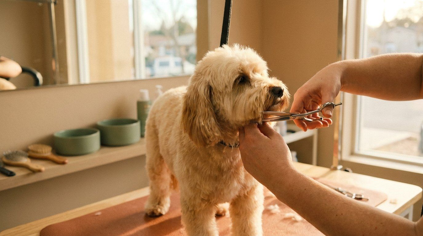 Groomer trimming a small dog's fur