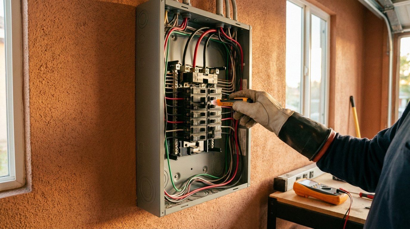 Electrician working on an open breaker panel