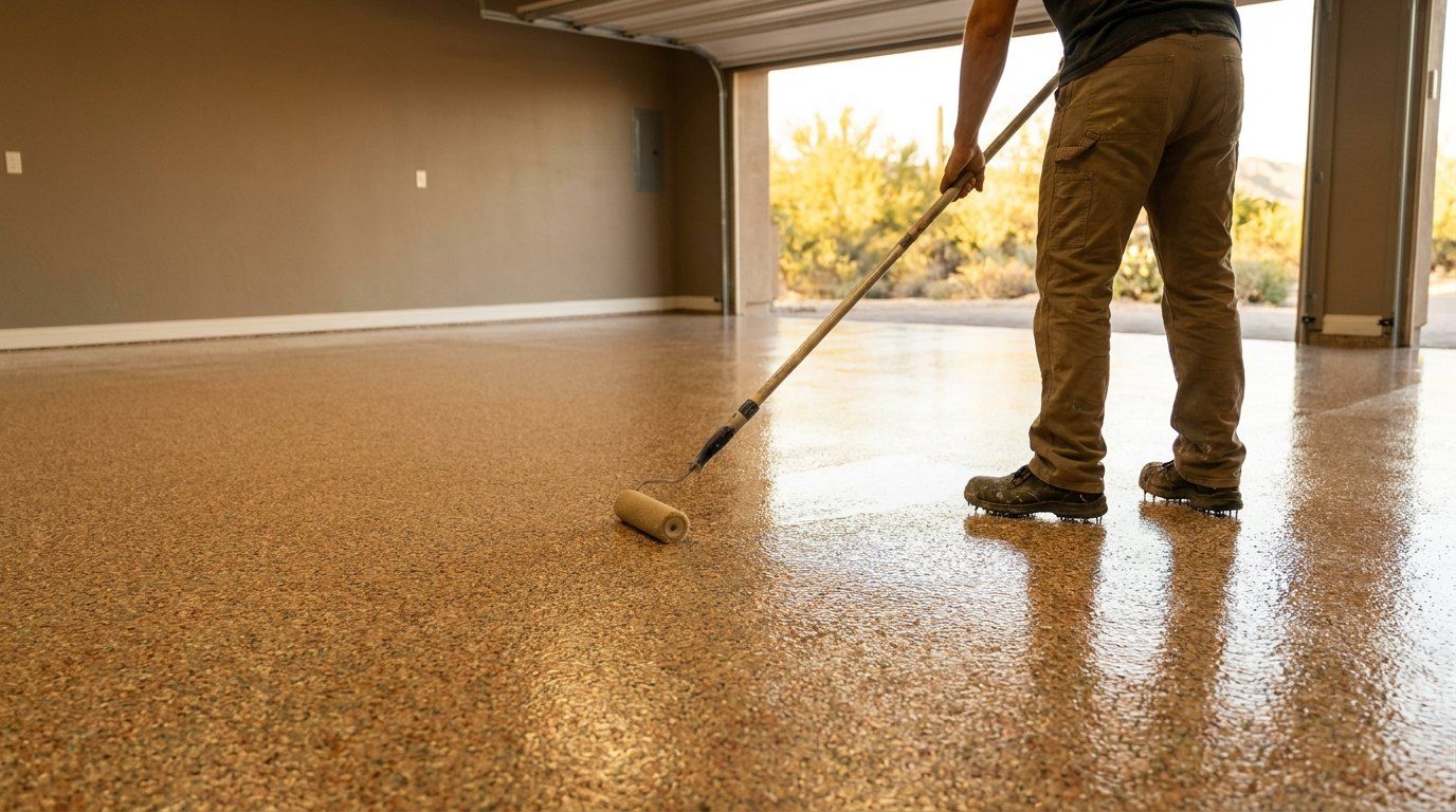 Glossy epoxy coating on a garage floor