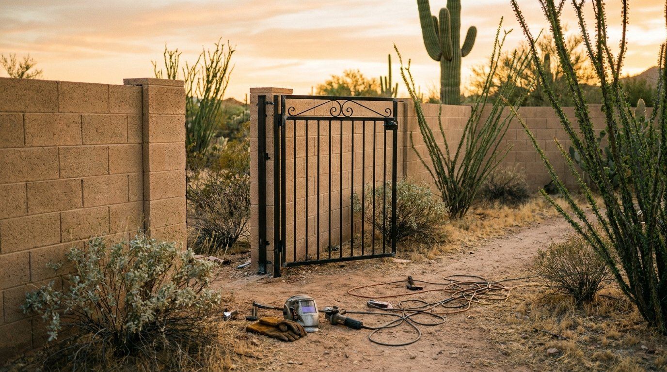 Wrought iron gate on a block wall