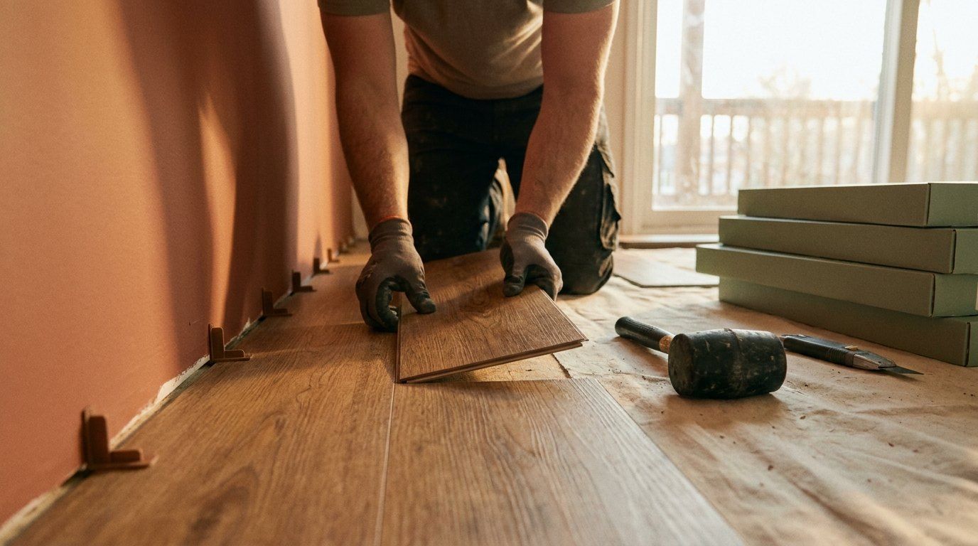 Installer laying wood-look plank flooring