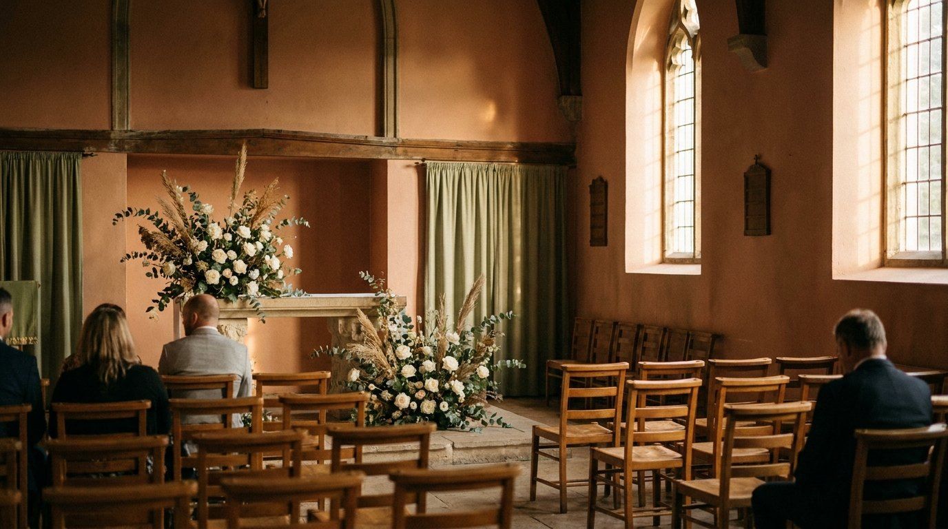Peaceful memorial chapel with flowers