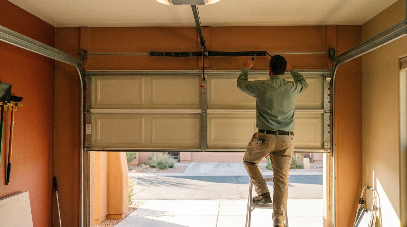 Technician repairing a garage door spring