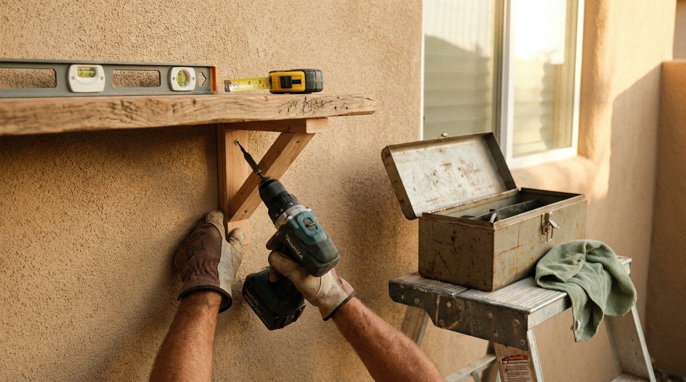 Handyman mounting a shelf with a drill