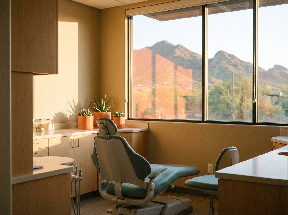 Bright exam room with a view of the desert mountains