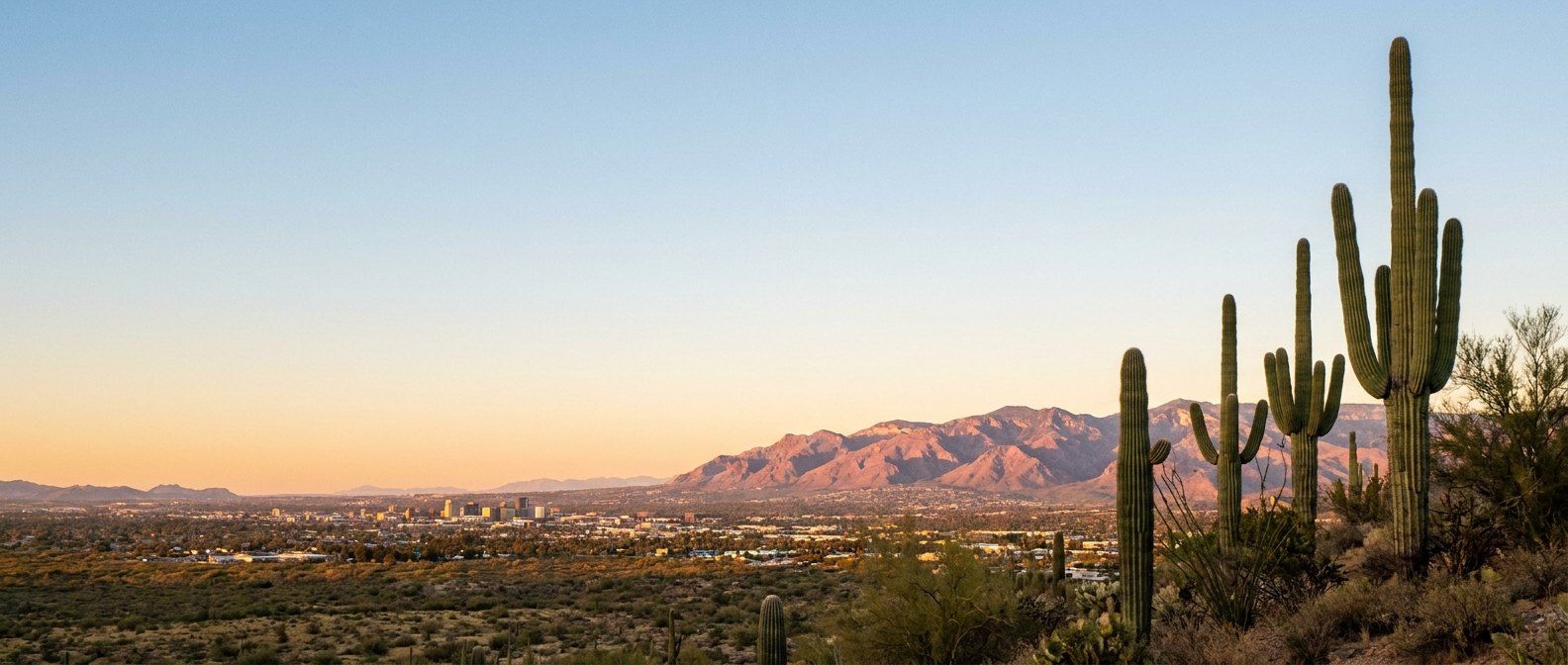 Saguaros above Tucson at sunset with the Santa Catalina Mountains behind the city