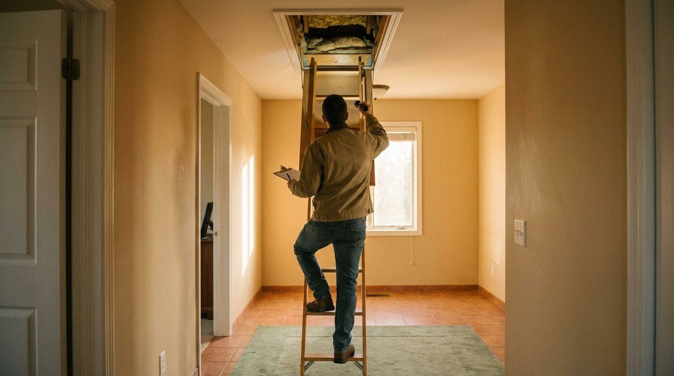 Home inspector with a flashlight checking an attic