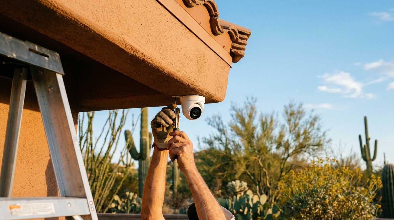 Security camera installed on a home's exterior