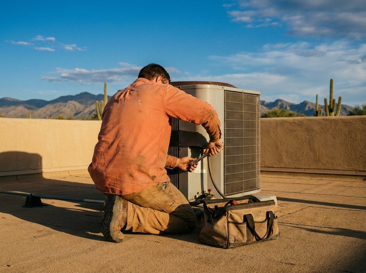 Technician servicing a rooftop air conditioner on a Tucson stucco home