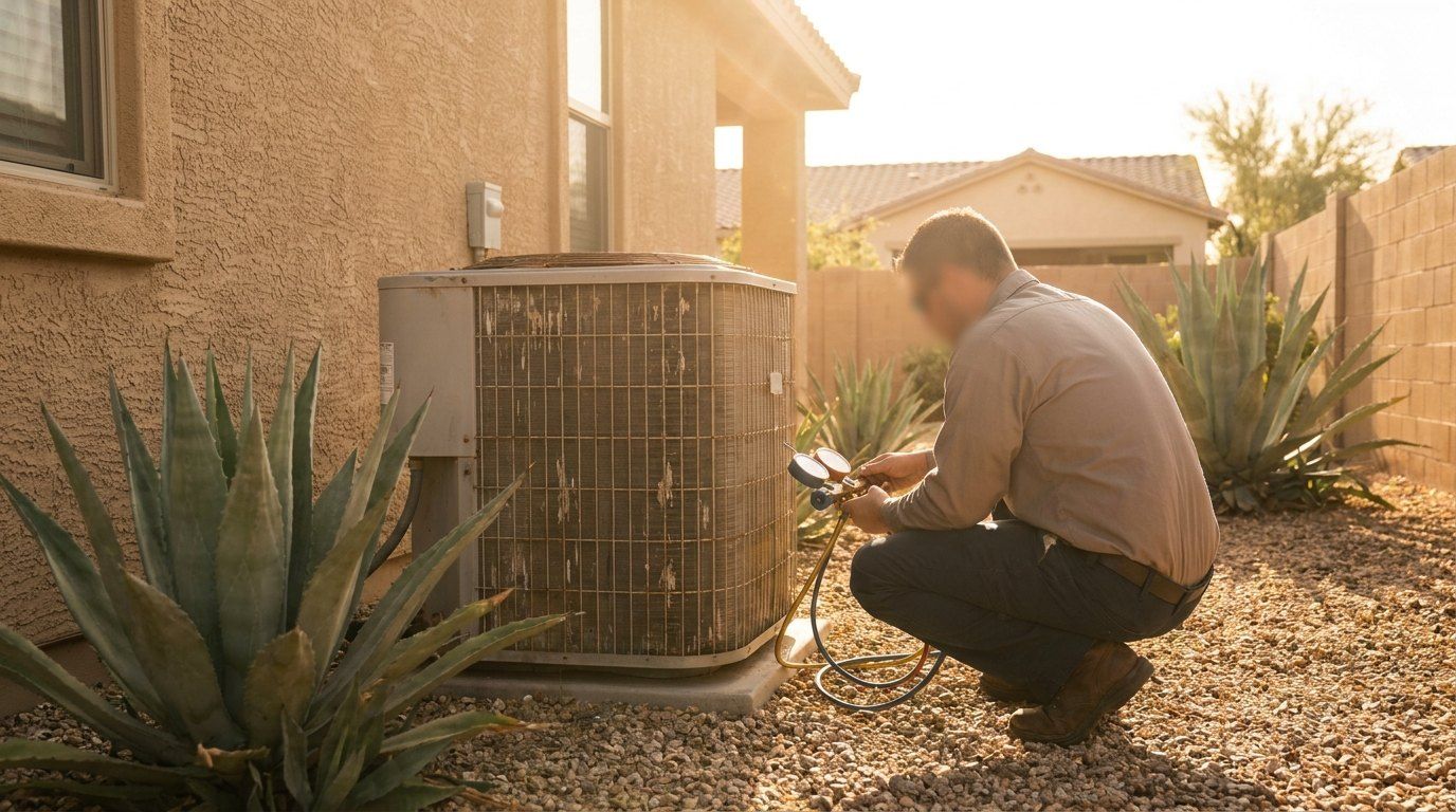 HVAC technician checking an outdoor AC condenser beside a stucco home