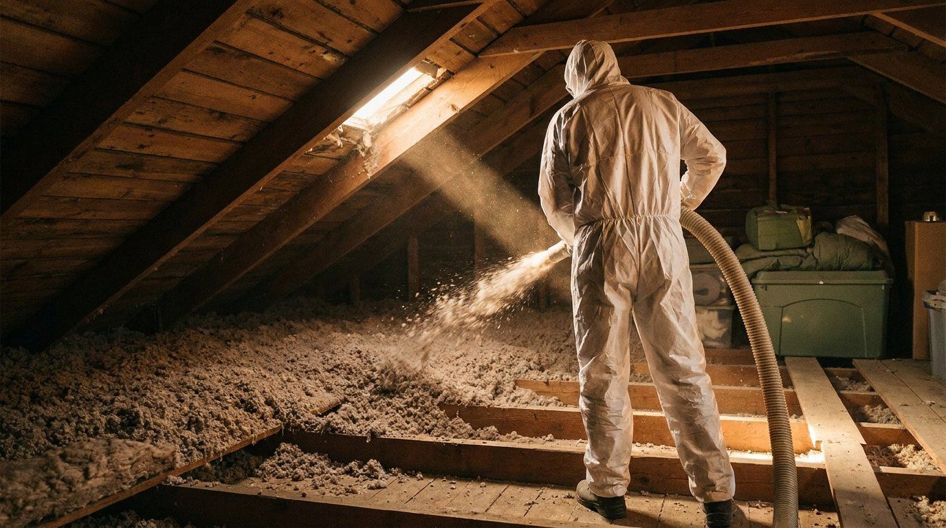 Blown-in insulation being added to an attic