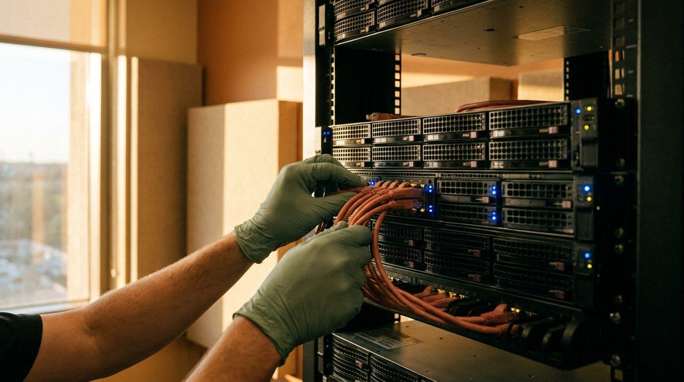 Technician working on a server rack