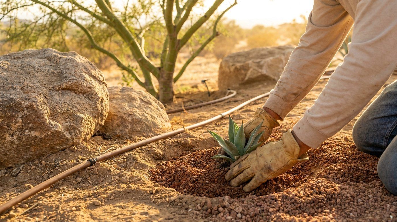 Landscaper planting agave in a desert yard