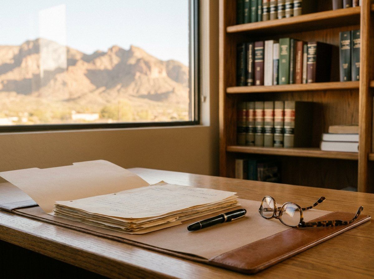 Law office desk with documents and a pen by a window
