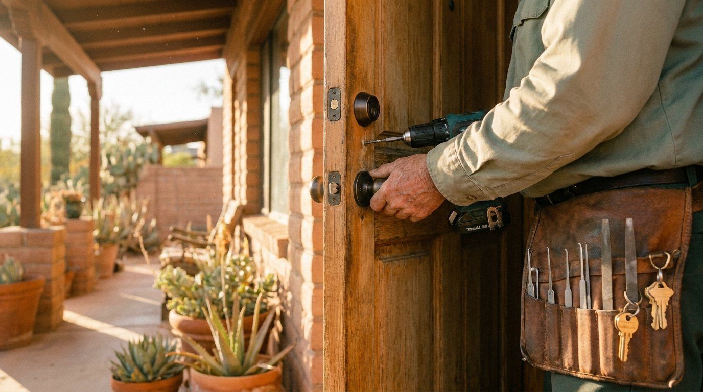 Locksmith rekeying a front door lock