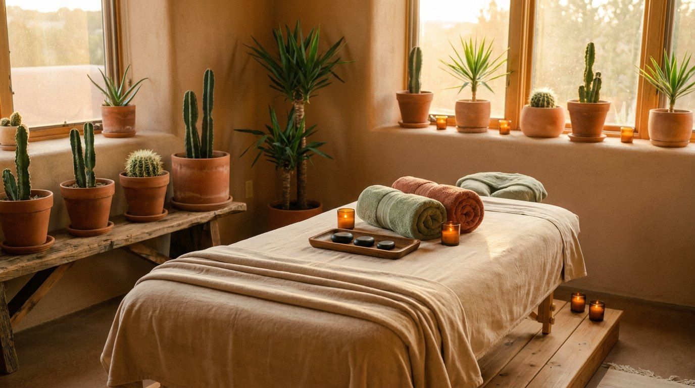 Massage table with towels and candles