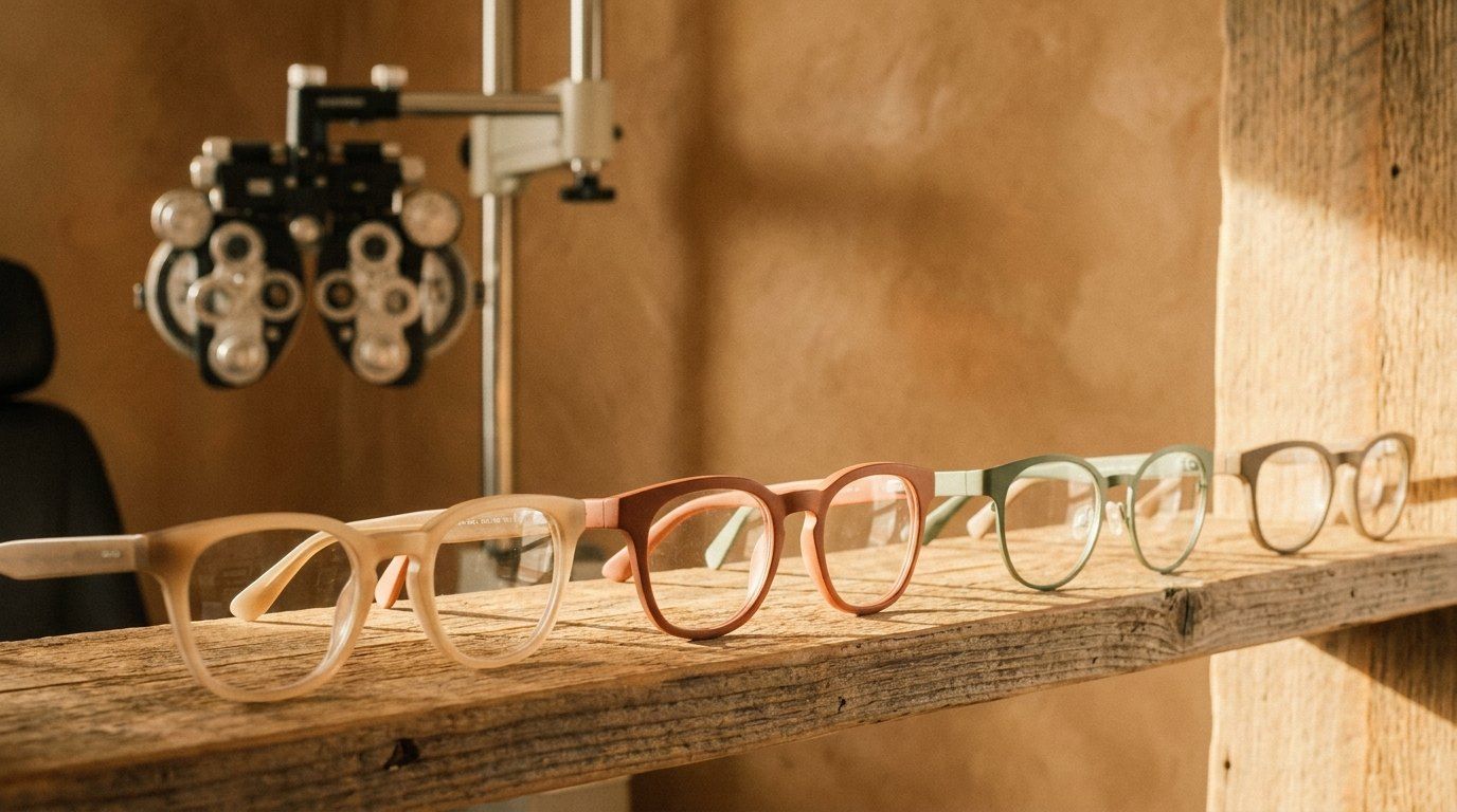 Eyeglasses on display in an eye clinic
