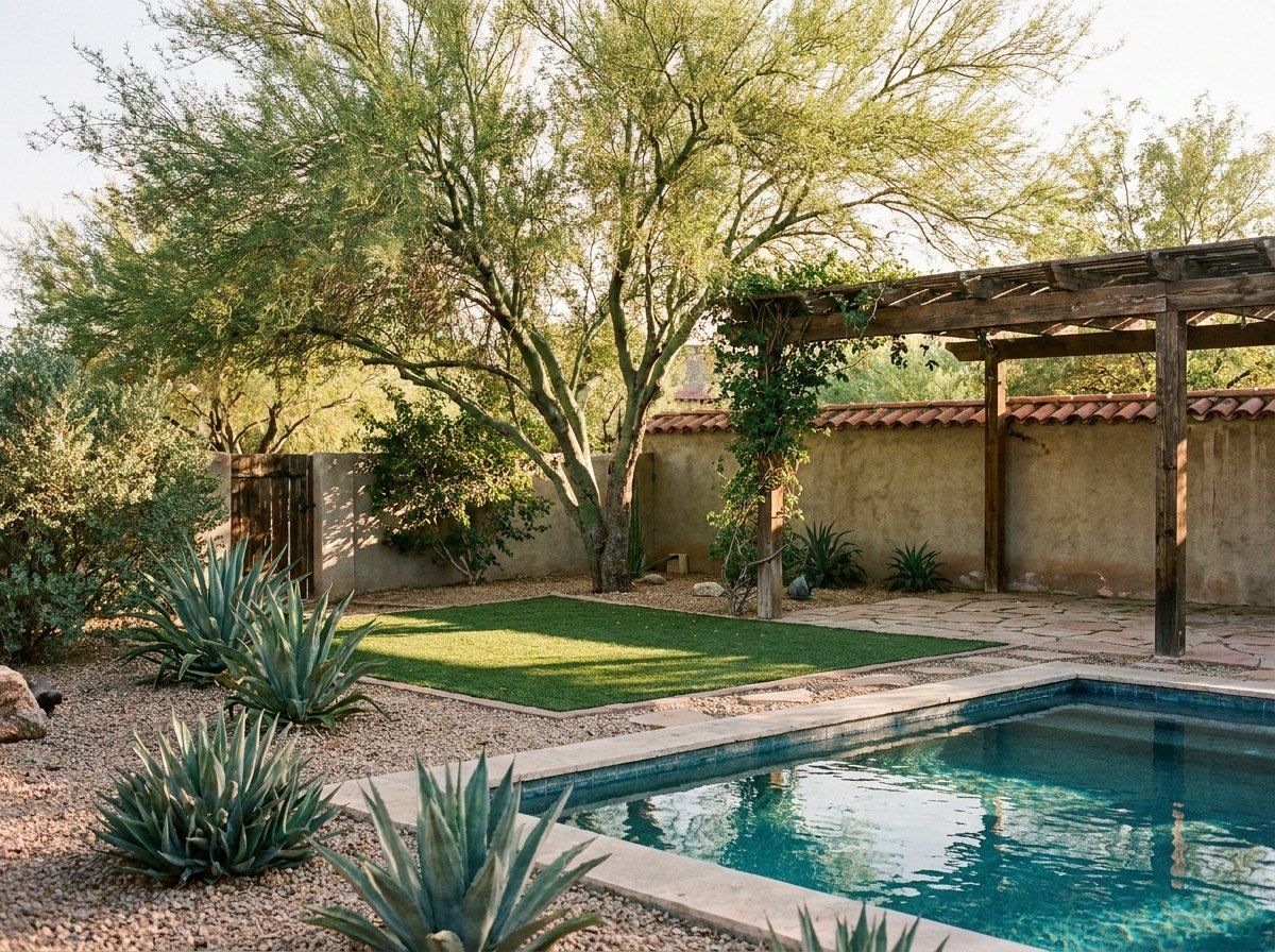Tucson backyard with a pool, desert landscaping, and a shaded patio