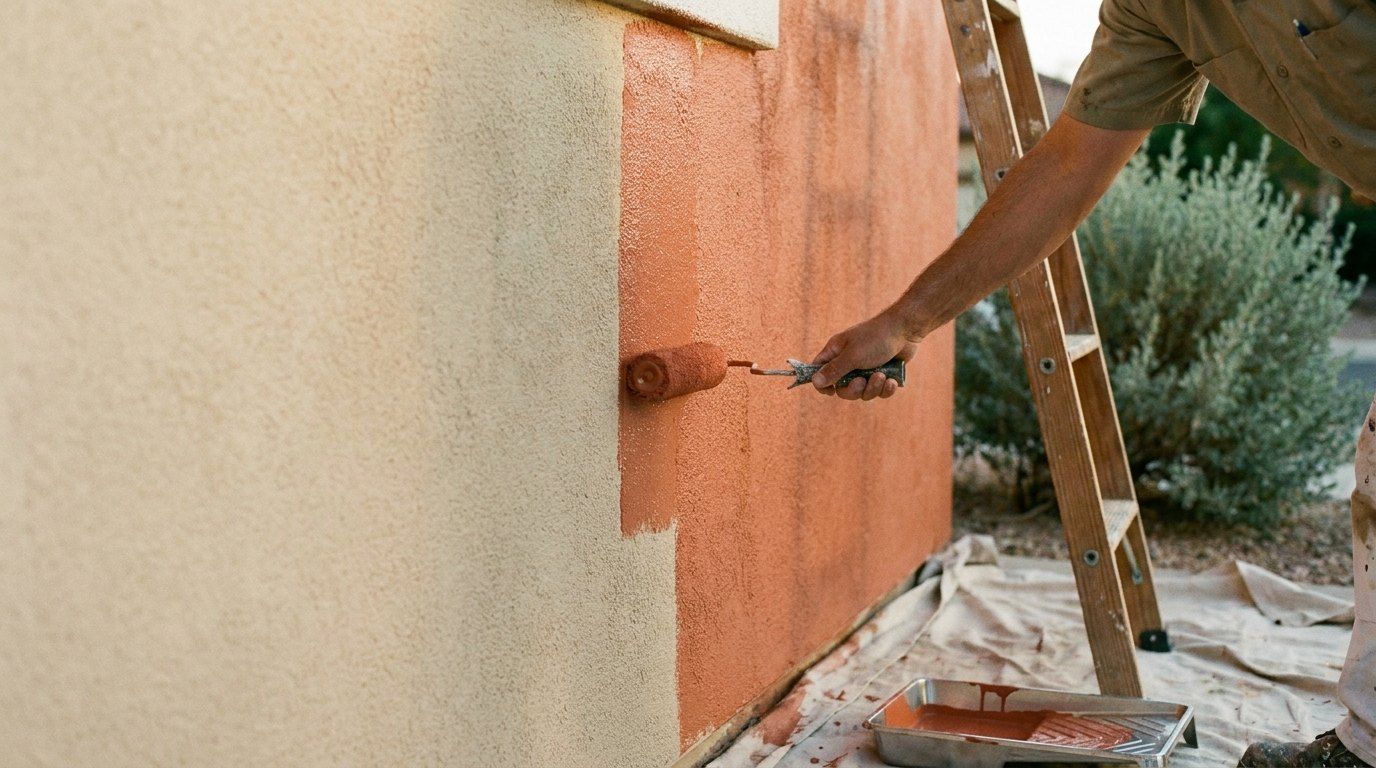 Painter rolling fresh paint on a stucco wall