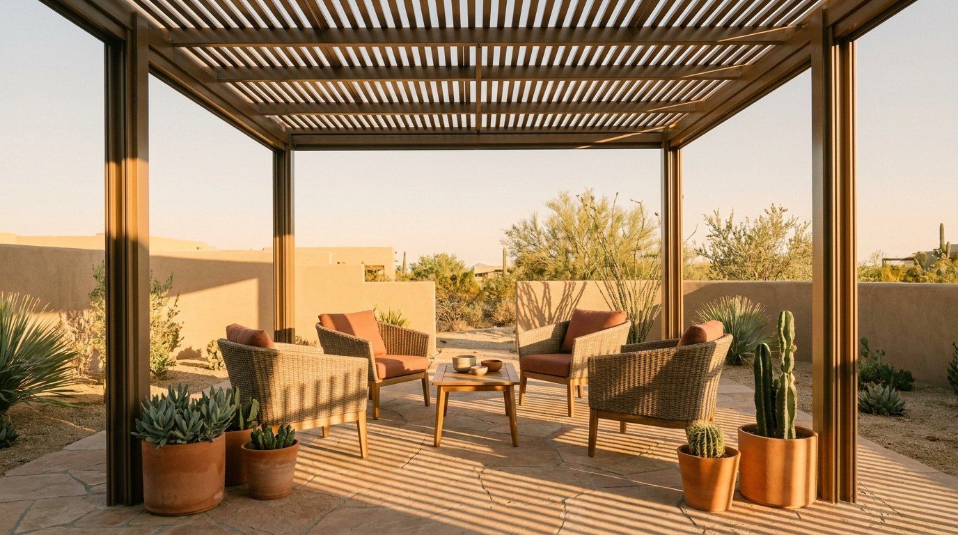 Aluminum patio cover shading a backyard