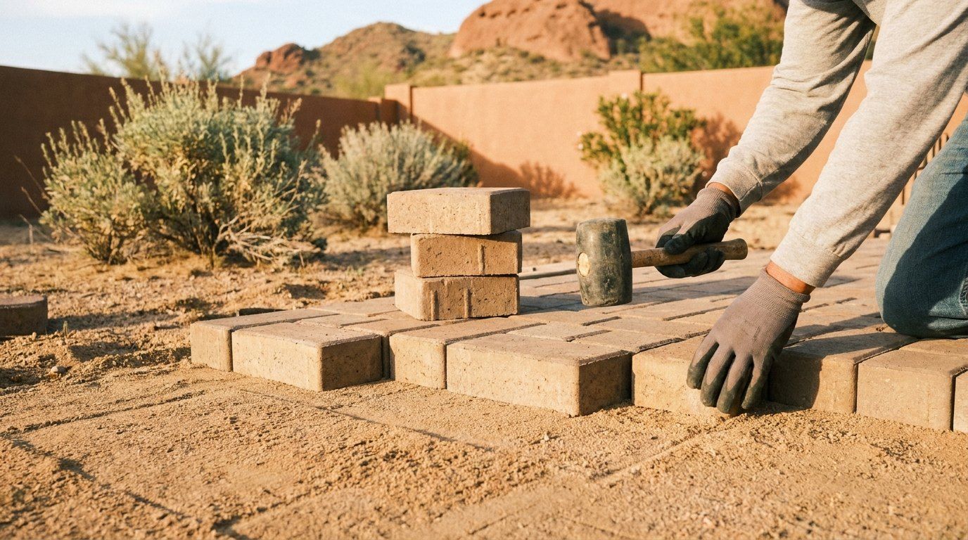 Worker setting pavers for a new patio