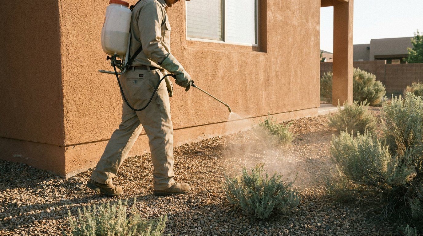Pest control technician spraying around a home's foundation