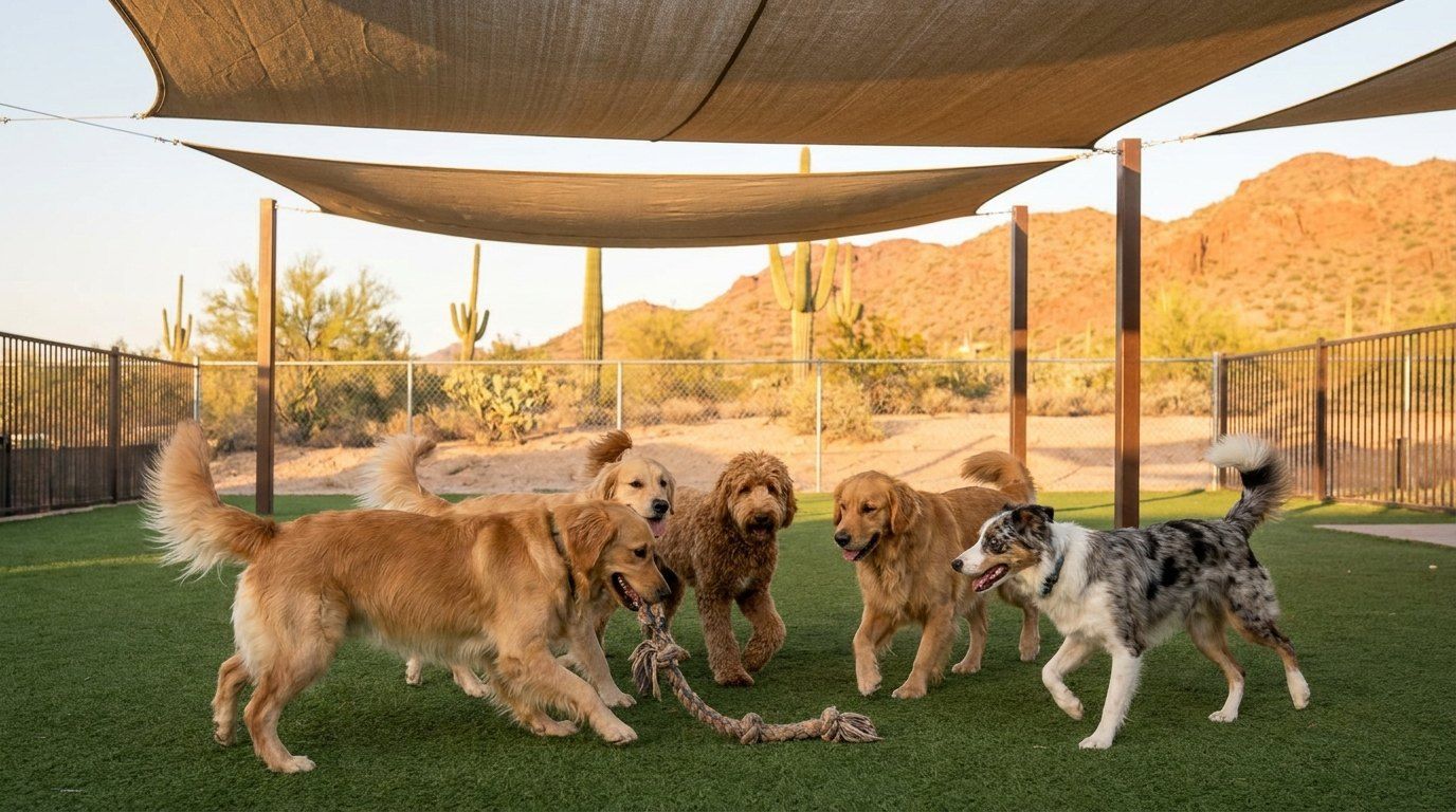 Dogs playing in a doggy daycare yard