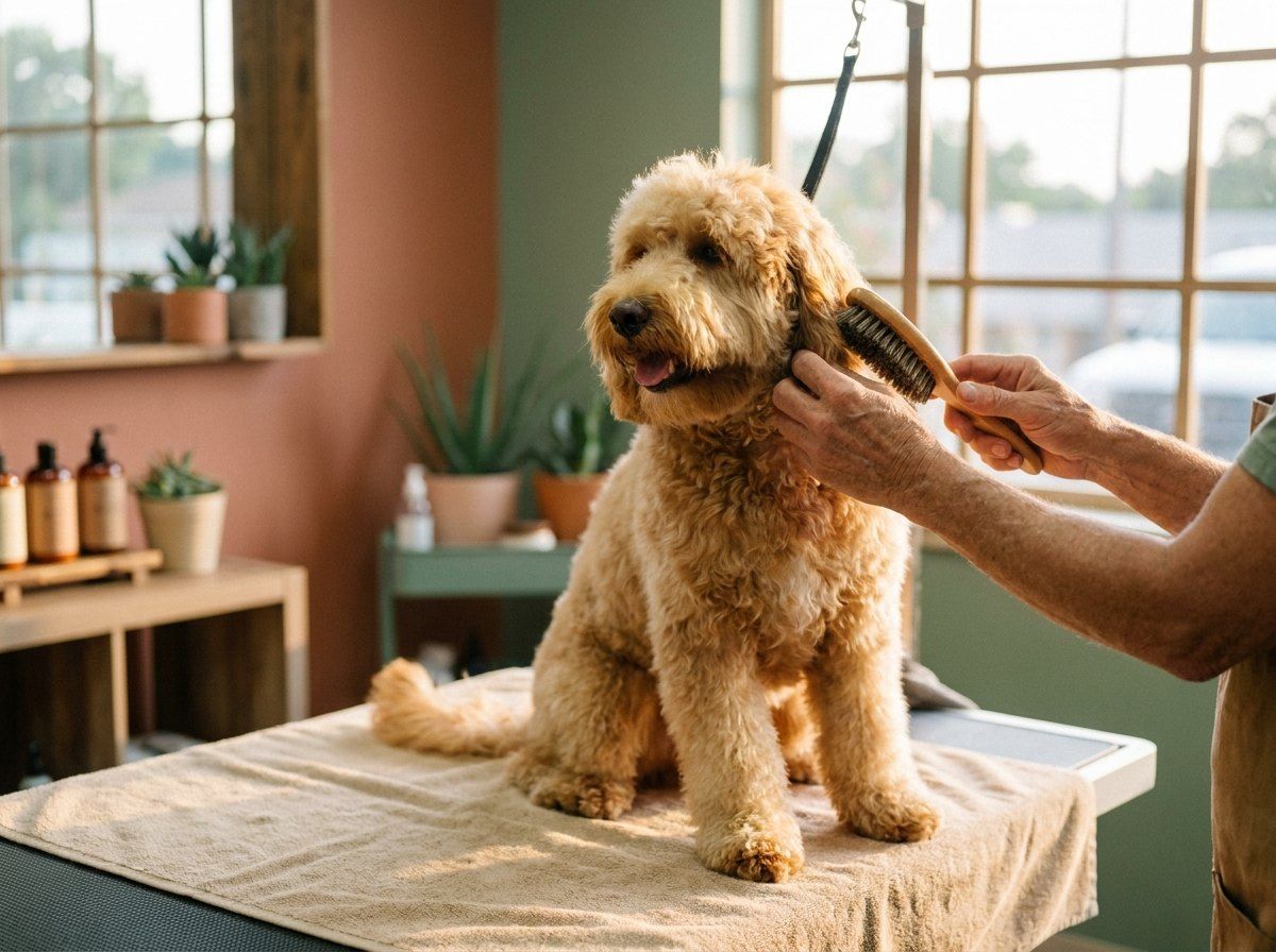 Freshly groomed dog on a grooming table