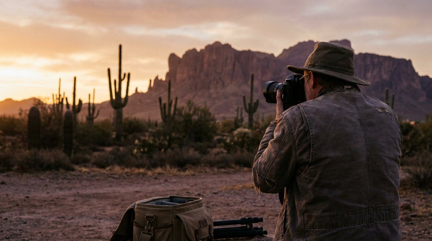 Photographer shooting in the desert at sunset
