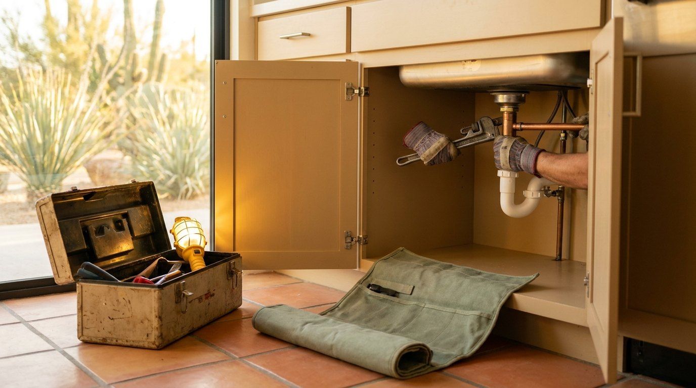 Plumber fixing pipes under a kitchen sink