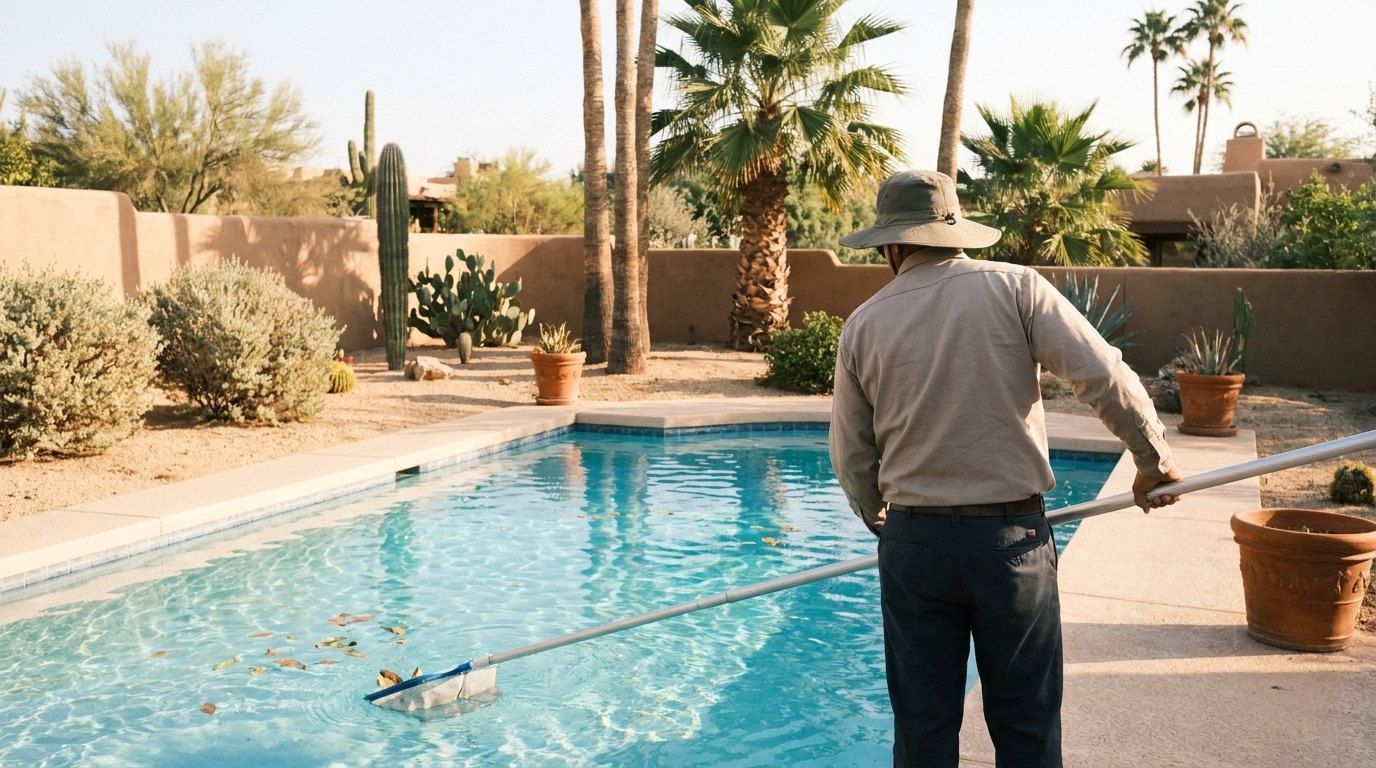 Pool technician skimming a backyard pool