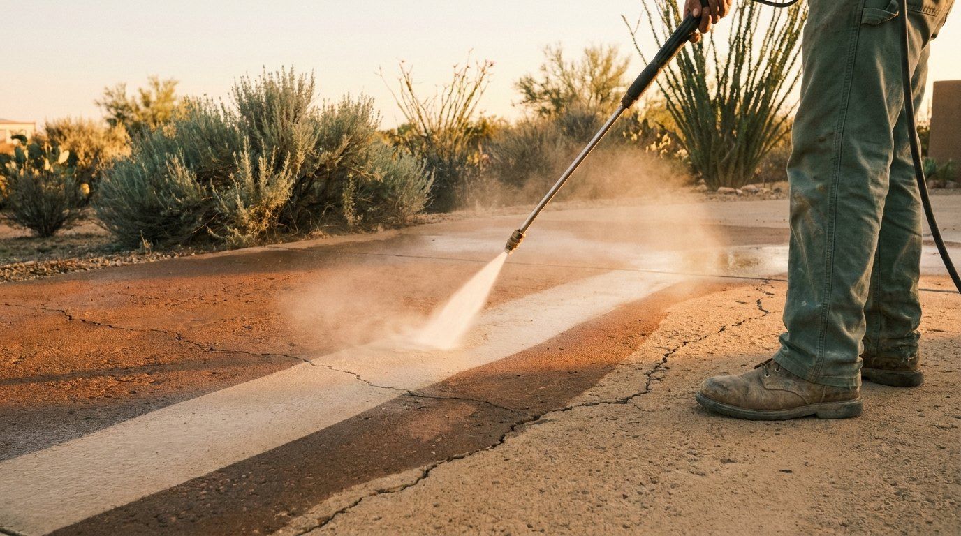 Pressure washer cleaning a concrete driveway