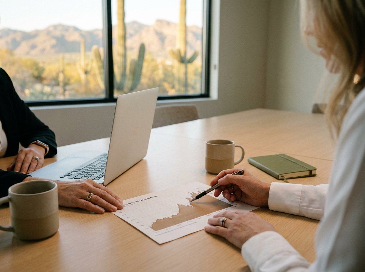 Two people reviewing a financial chart at an office table