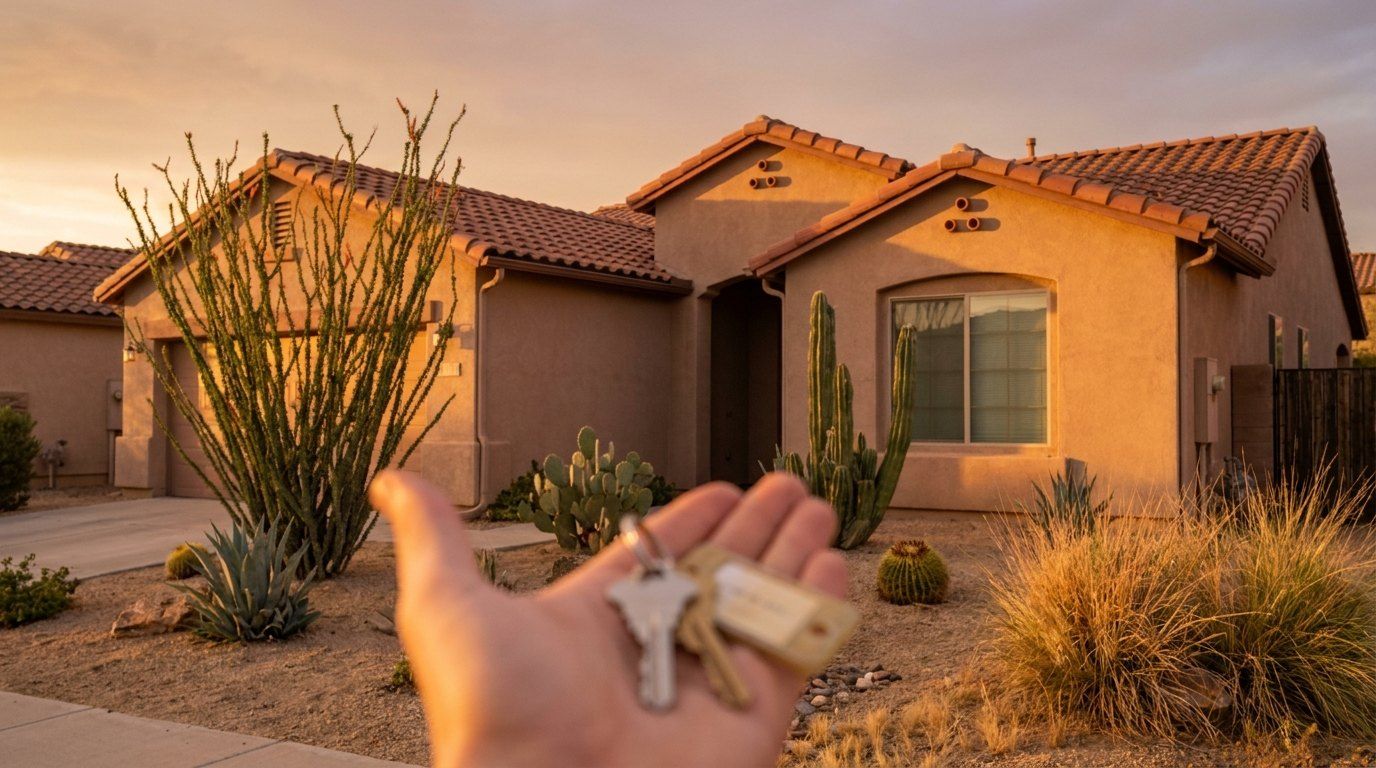Tucson home with a tile roof at sunset and house keys in hand