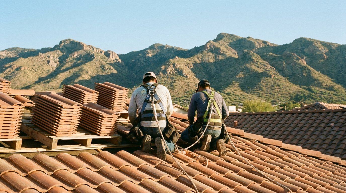 Roofers installing clay tiles on a Tucson roof