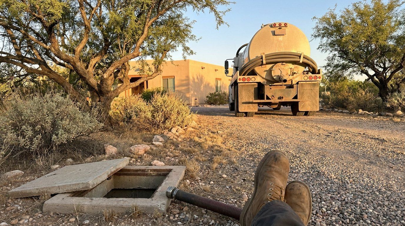 Septic service truck in a rural desert yard
